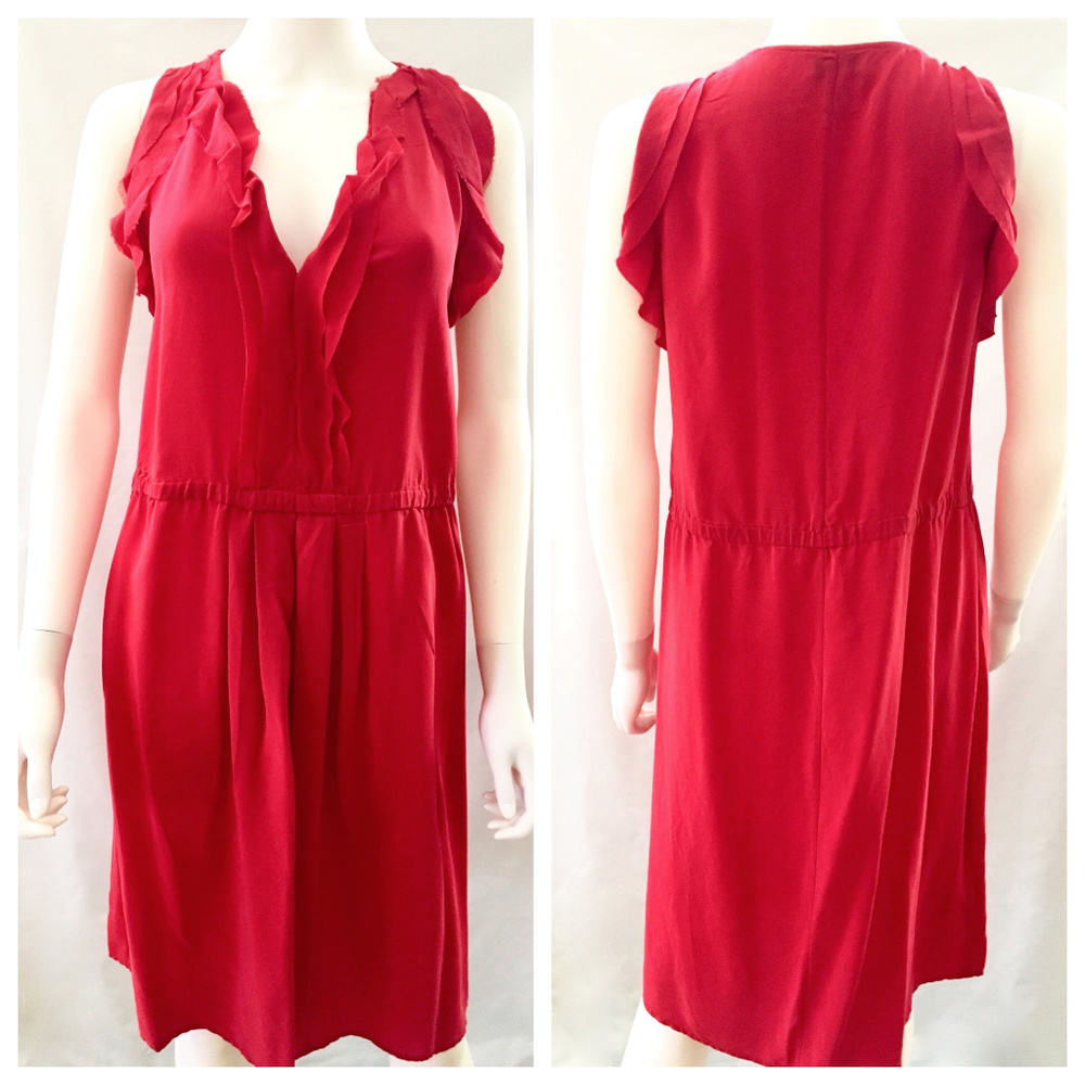 size 6 Red 100% Silk Ruffle Dress Sleeveless Elast